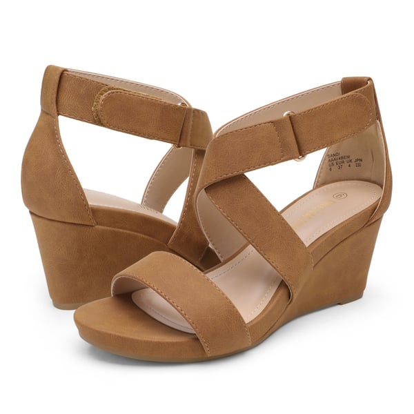 Elastic Ankle Strap Wedge Sandals - TAN NUBUCK - 4